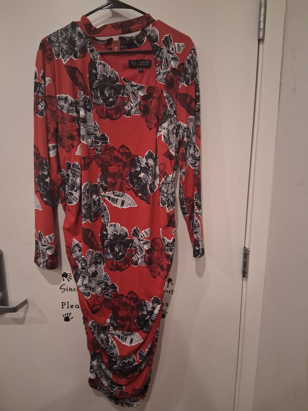 Eloquii Red Floral Long Sleeve Midi Dress with Black & White Print